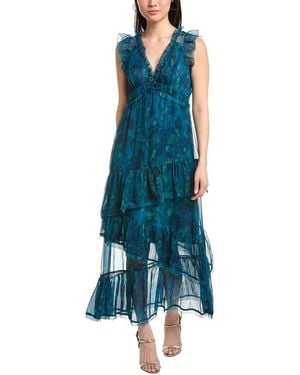 Marchesa Pleated Chiffon V-Neck Maxi Dress - Blue