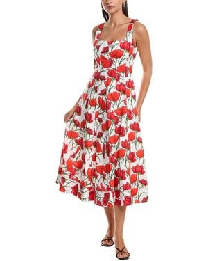 MILLY Nia Peonia Poplin Square Neck Dress - Red