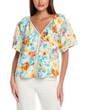 Tahari V-Neck Linen-Blend Blouse - White