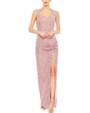 Mac Duggal Sequined Halter Strap Low Side Knot Gown - Pink