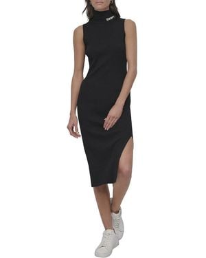 DKNY Neck Logo Rib Midi Dress - Black