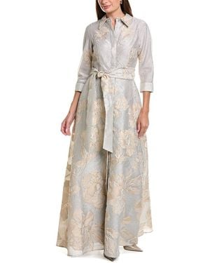 Teri Jon Metallic Floral Jacquard Shirt Gown - White
