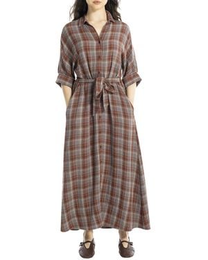 Max Studio Large Roll Sleeve Belted Dress - Brown