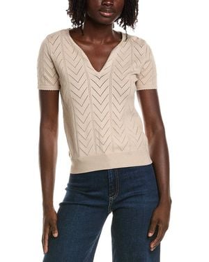Tahari Split Neck Collar Pointelle Sweater - Blue