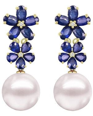 Nina Zhou Jewelry 14K 4.92 Ct. Tw. Diamond & Sapphire & 12-13Mm Pearl Drop Earrings - Blue