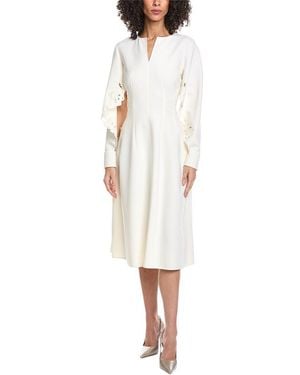Oscar de la Renta Floral Detail Silk-Lined Wool-Blend Midi Dress - White