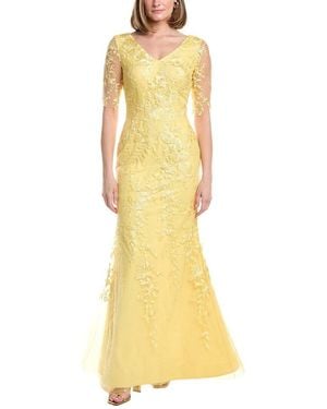 Rene Ruiz V-Neck Elbow Sleeves Trumpet Gown - Yellow