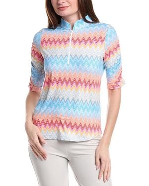 IBKUL Ruched Elbow Sleeve Mandarin Collar Top - White