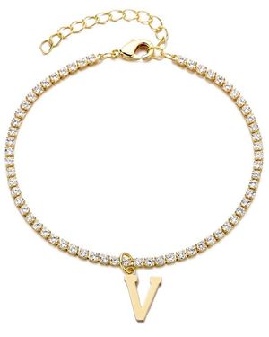 Adornia 14K Plated Crystal Initial Charm Tennis Bracelet - Metallic