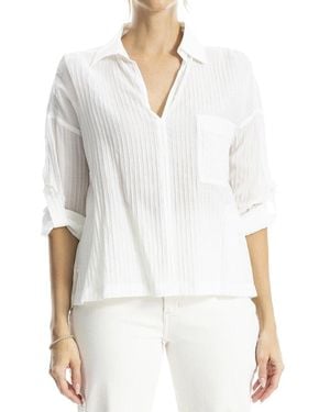 Max Studio Tab Sleeve V-Neck Blouse With Collar - White
