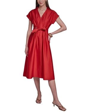 Halston Cotton Sateen Midi Shirt Dress - Red