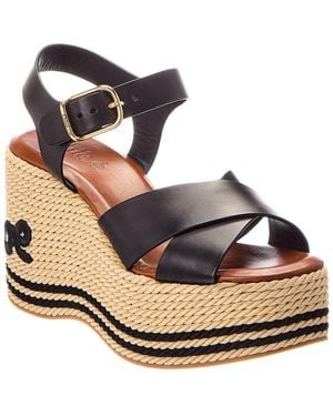 Chloé Sand Raffia & Leather Wedge Sandal - Metallic