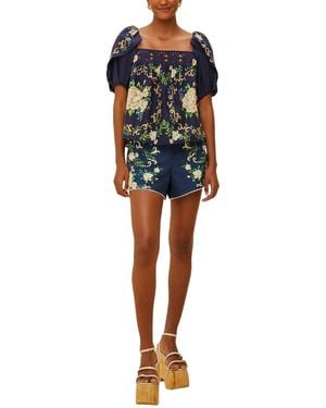 FARM Rio Flower Tapestry Flower Yoke Blouse - Blue
