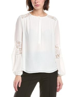 Tahari Half Placket Lace Trim Blouse - White