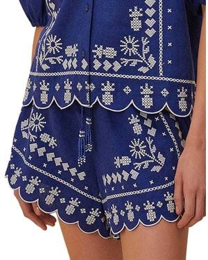 FARM Rio Linen-Blend Embroidered Shorts - Blue