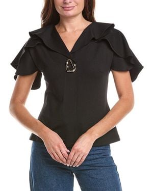 Gracia Ruffled Neck & Sleeve Brooch Detail Top - Black