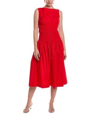 Anne Klein Petite Smocked Boat Neck Midi Dress - Red