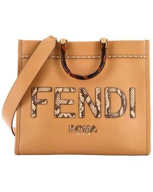 Fendi Leather & Snakeskin Sunshine Shopper Tote Medium (Authentic Pre- Loved) - Brown