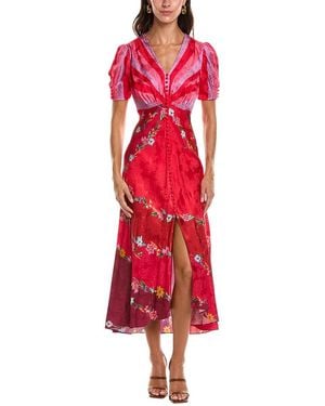 Saloni Stamped Satin Silk Midi Dress - Red