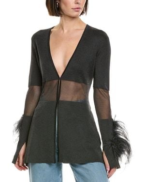 LAPOINTE Sheer Intarsia Ostrich-Trim Top - Black