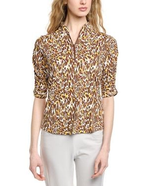 IBKUL Ruched Elbow Sleeve Mandarin Collar Top - Brown