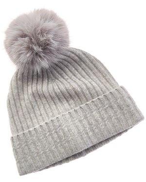 Amicale Cashmere Cable Detail Rib Cuffed Cashmere Hat - Grey