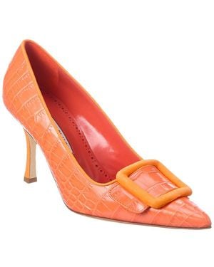 Manolo Blahnik Maysale 90 Croc-embossed Leather & Suede Pump - Orange