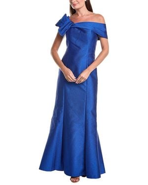 Teri Jon Metallic Jacquard Asymmetrical Neck Bow Shoulder Gown - Blue