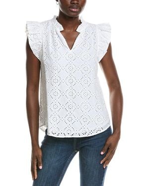 Anne Klein V-Neck Eyelet Blouse - White