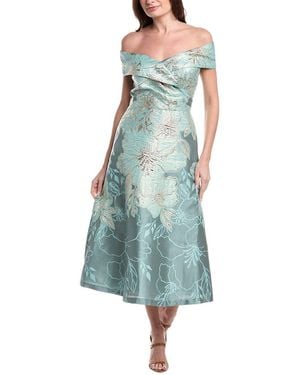 Teri Jon Metallic Jacquard Floral Off Shoulder A-Line Dress - Blue