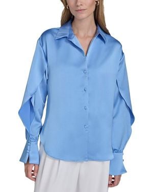 Halston Ruffle Sleeve V-Neck Blouse - Blue