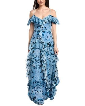 Marchesa Off-The-Shoulder Ruffled Neckline Gown - Blue