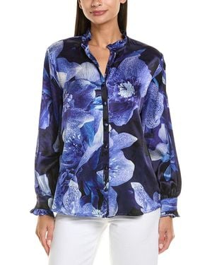 Johnny Was Ruffle Collar Silk Blouse - Blue