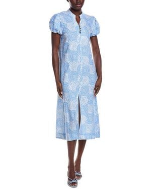 Sail To Sable Puff Sleeve Linen-Blend Midi Dress - Blue