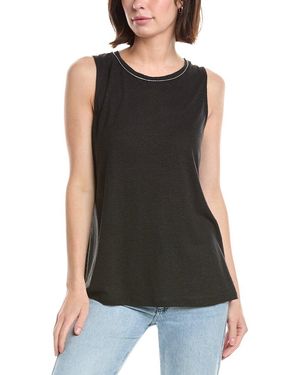 Lemon Grass Beaded Neckline Linen-Blend Tank Top - Black