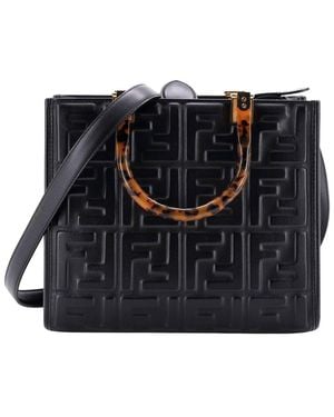 Fendi Zucca Embossed Leather Sunshine Shopper Tote Small (Authentic Pre- Loved) - Black