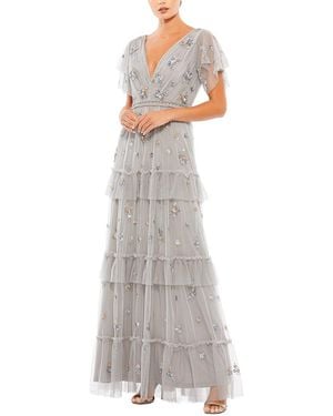 Mac Duggal Mesh Ruffle Embellished Flutter Sleeve Gown - White