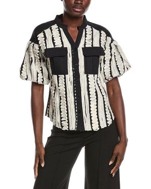 Gracia Embroidered Band V-Neck Puffed Sleeve Top - Black