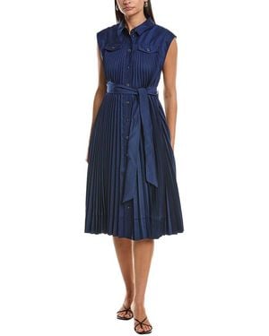 MILLY Johanna Pleated Twill Midi Dress - Blue