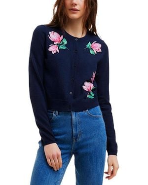 Draper James Embroidered Crewneck Wool-Blend Cardigan - Blue