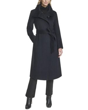 Cole Haan High Neck Slick Wool-Blend Belted Coat - Blue