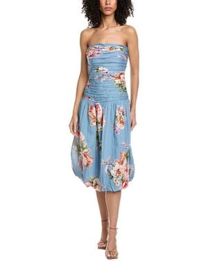 Hemant & Nandita Ruched Linen-Blend Midi Dress - Blue
