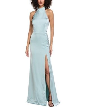 Rene Ruiz High-Neck Stretch Crepe Column Gown - Blue