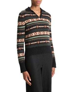 Vince Fairisle 100% Cashmere Polo Sweater - Black