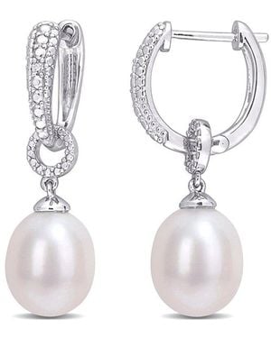 Rina Limor Silver 0.02 Ct. Tw. Diamond 8-8.5mm Pearl Drop Hoop Clip-on Earrings - White