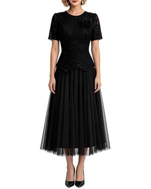 Linda Charm Short Sleeve Midi Dress - Black