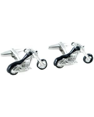 Bey-berk Rhodium Plated & Black Enamel Motorcycle Design Cufflinks - White