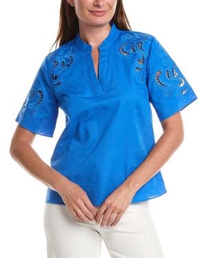 Tahari Linen-Blend Solid Blouse - Blue