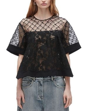 3.1 Phillip Lim Corded Lace Organza Short Sleeve Flounce Top - Black