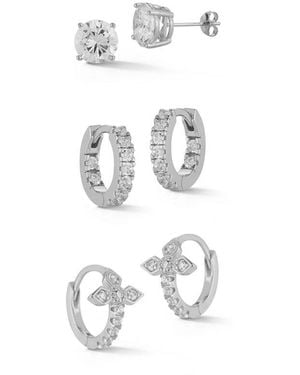 Glaze Jewelry Rhodium Plated Cz Combo Set Of Huggie Earrings - White